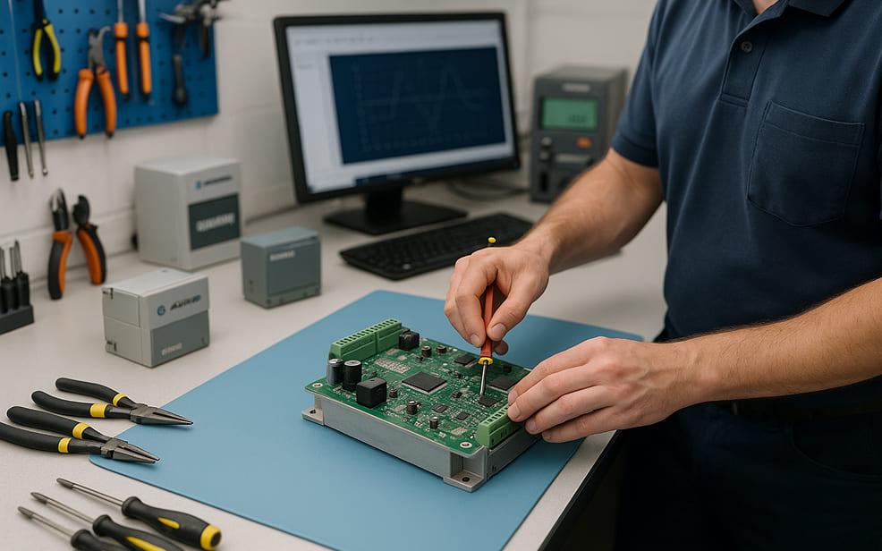 Technician working on circuit board