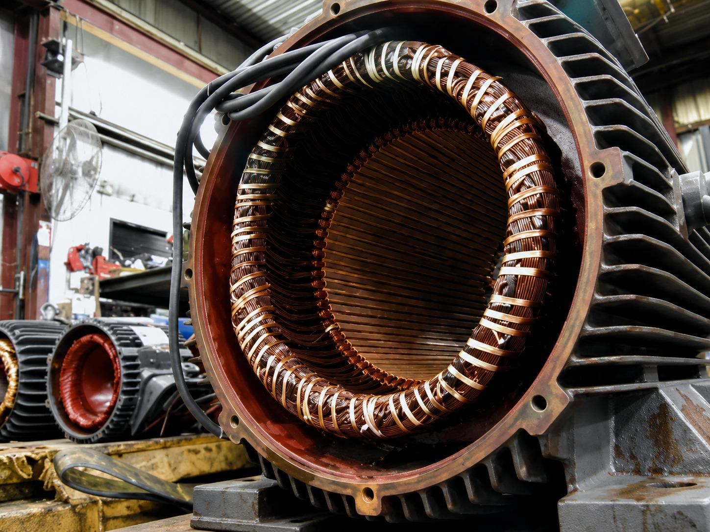 Technician inspecting large blue industrial electric motor